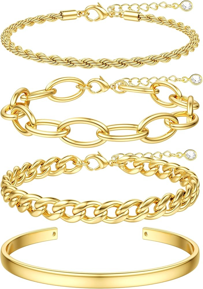 TEN MIRO 16k Chunky Gold Plated Bracelets for Women Non Tarnish, Womens Gold Plated Bracelets Sta... | Amazon (US)