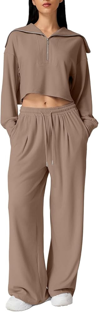 QINSEN Women Cozy 2 Piece Lounge Matching Set Wide Leg Sweatpants Half Zip Crop Sweatshirt Outfit... | Amazon (US)