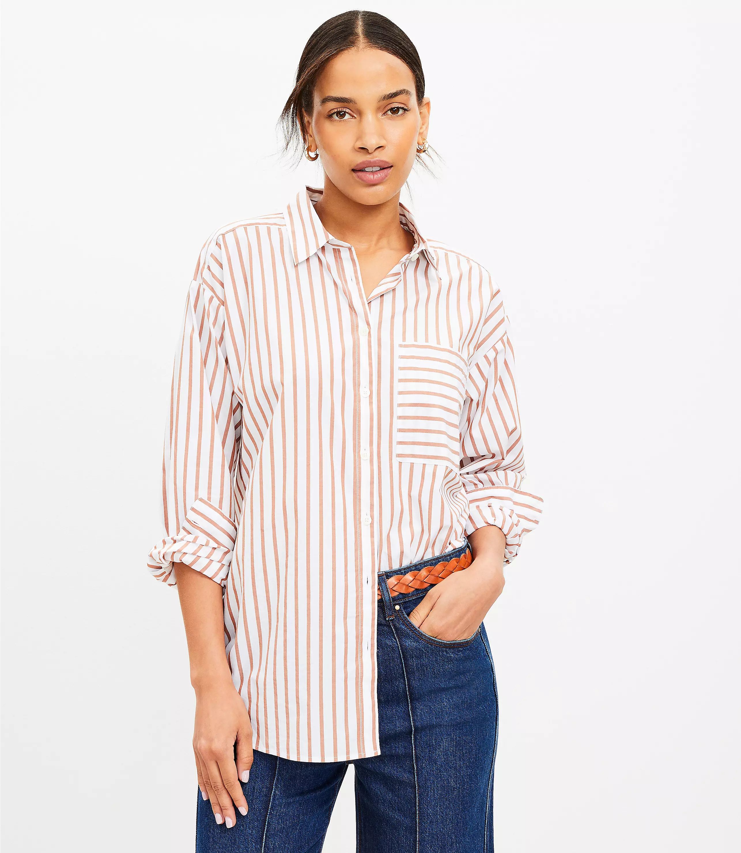 Petite Striped Oversized Pocket Shirt | LOFT