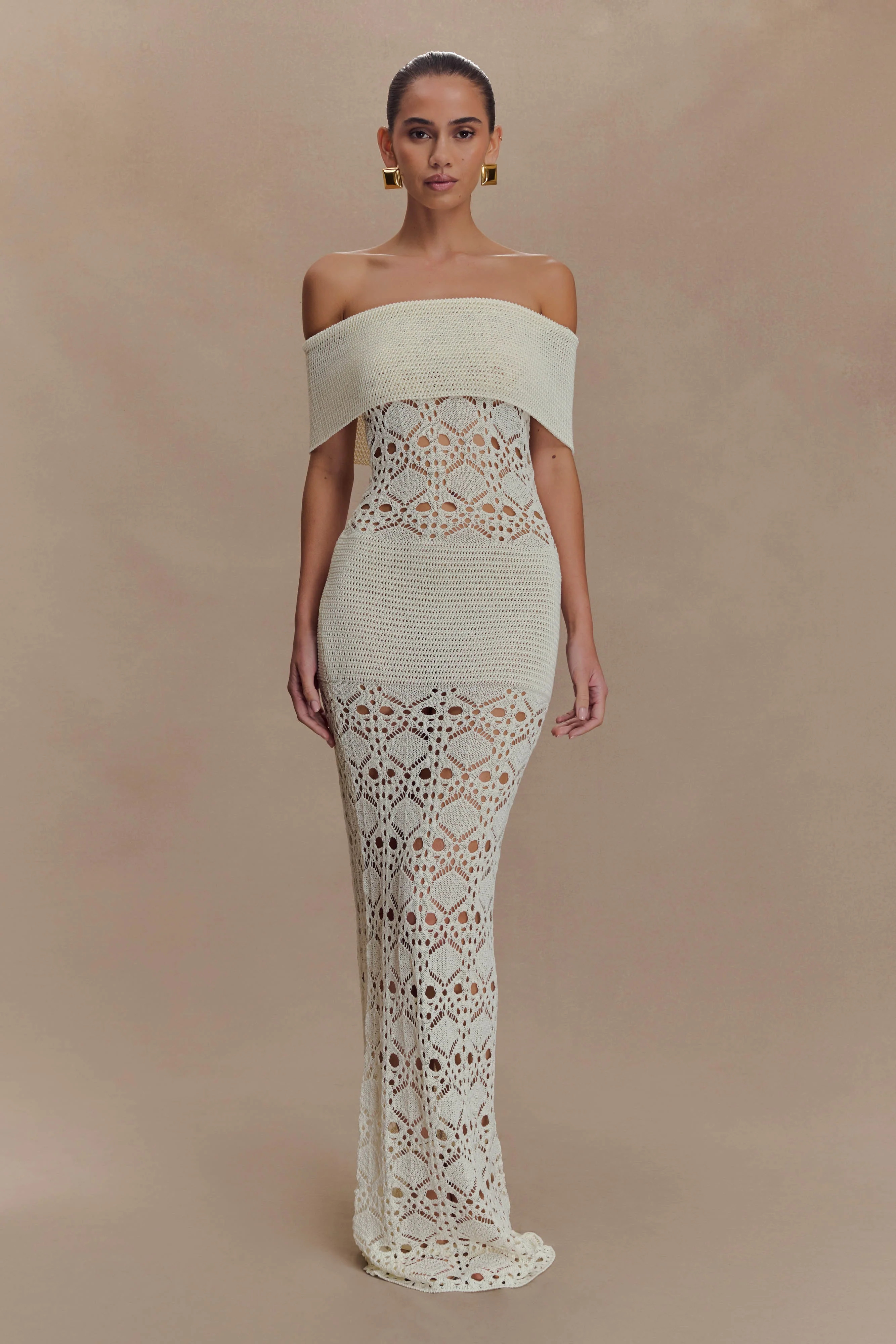 Solstice Off Shoulder Crochet Knit Maxi Dress - Ivory | MESHKI US