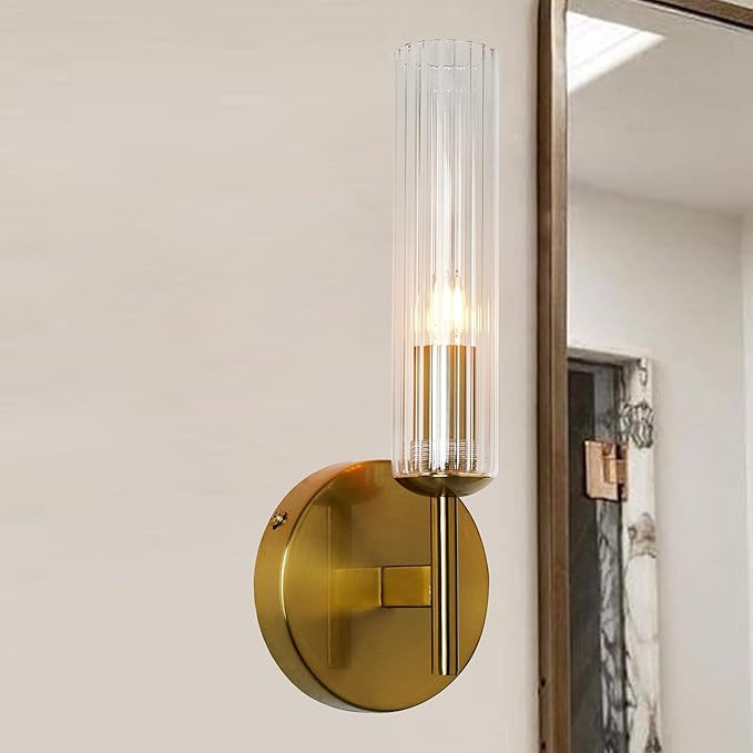 Antique Bronze Tube Sconce with Ribbed Glass Shade and Cylindrical Design for Versatile Indoor Li... | Amazon (US)