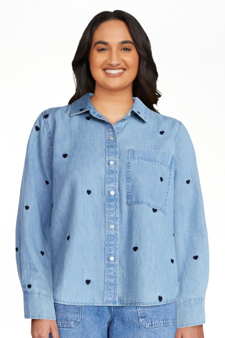 Free Assembly Women's and Women’s Plus Embroidered Hearts Denim Shirt with Long Sleeves, Sizes ... | Walmart (US)