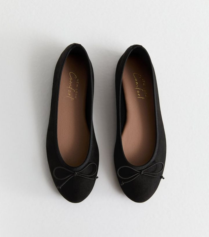 Black Suede-Look Bow-Trim Flat Ballerina Shoes  | New Look | New Look (UK)