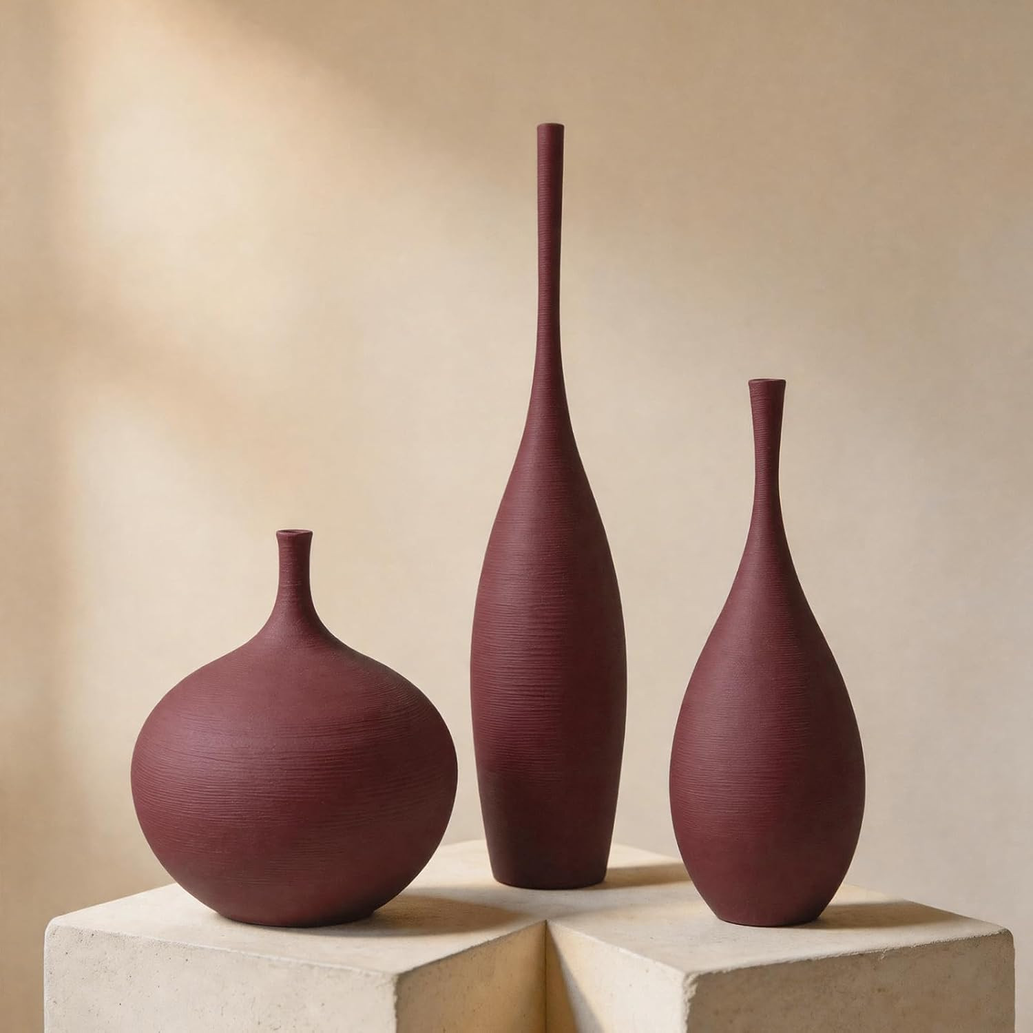 Ceramic Vases Set of 3, Modern Boho Vases for Centerpiece Decor, Matte Burgundy Minimalist Decorative Vases for Home Decor, Living Room, Bookshelf, and Entryway Table Decor | Amazon (US)