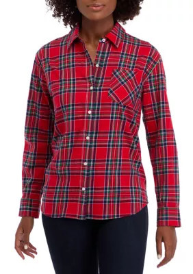 Crown & Ivy Women's Long Sleeve Flannel Shirt, Red, XS | Belk