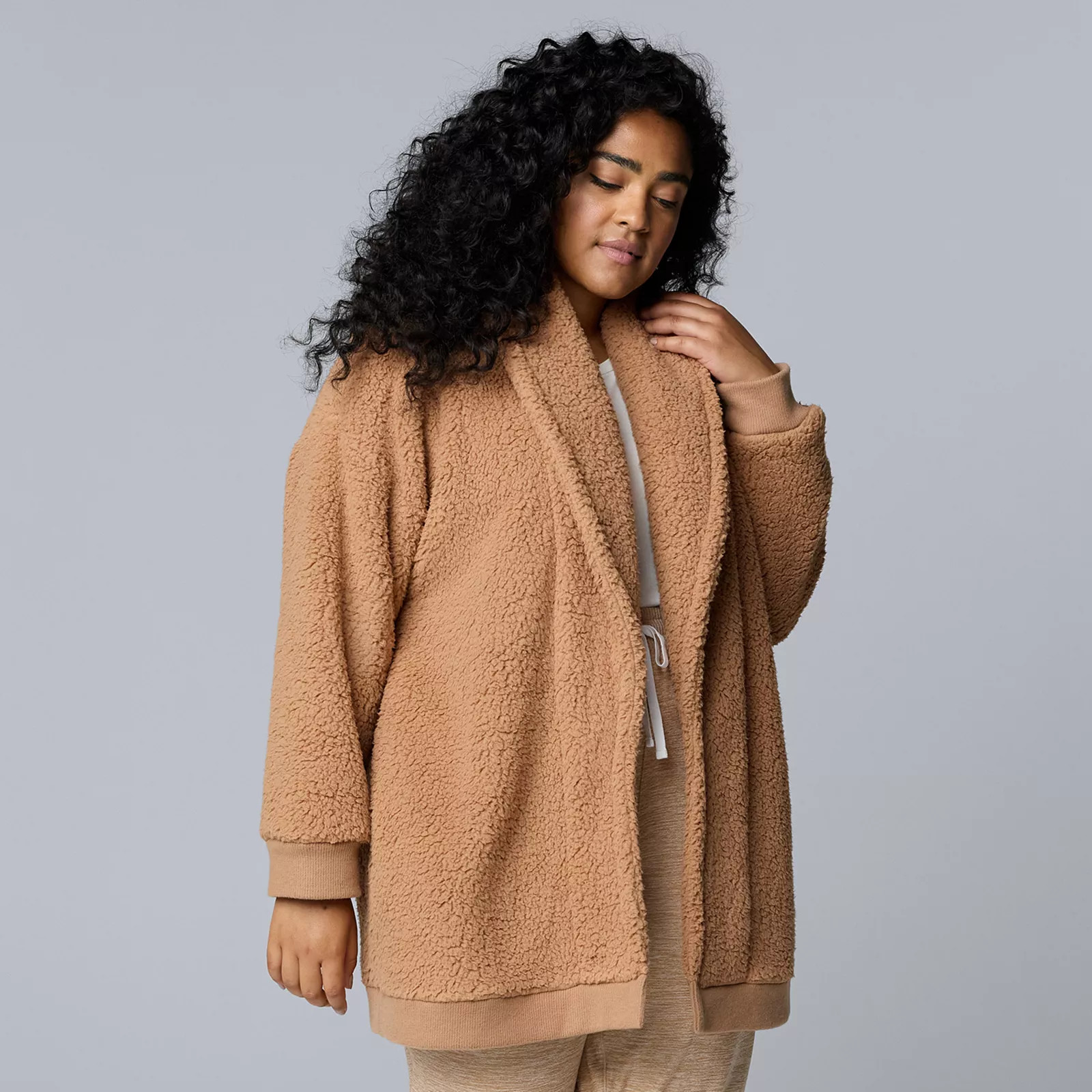 Plus Size Simply Vera Vera Wang Plush Sherpa Long Sleeve Open Front Cardigan | Kohl's