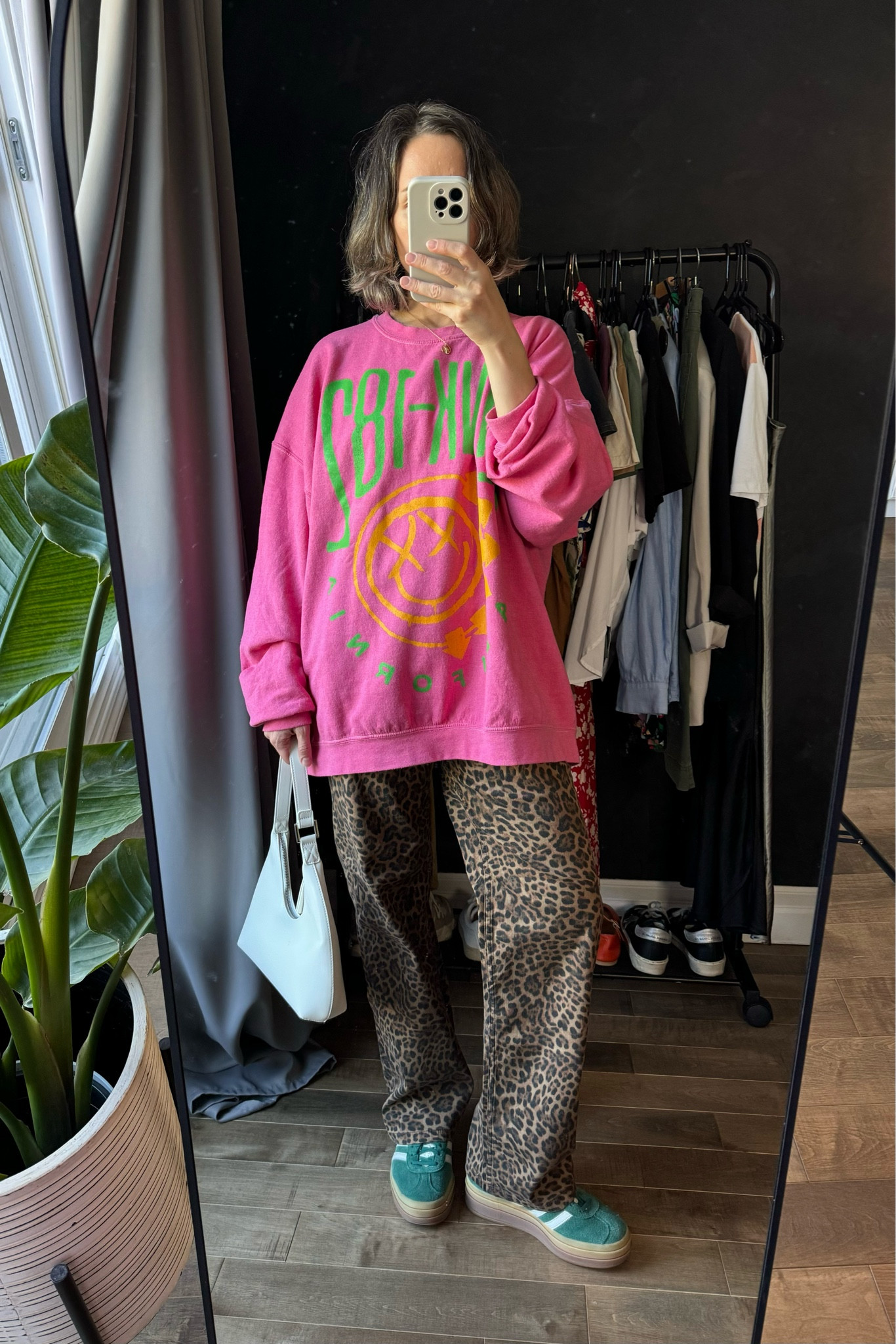 Leopard print pants pop outfit with pink sweatshirt and green adidas gazelle bold sneakers - fall outfit 

#LTKSeasonal