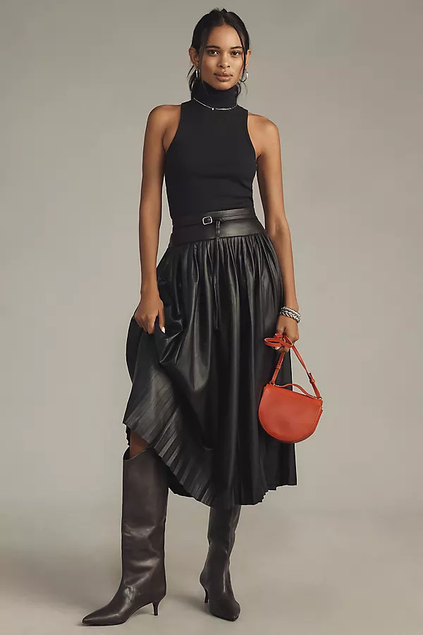 By Anthropologie Faux-Leather Pleated Midi Skirt | Anthropologie (US)