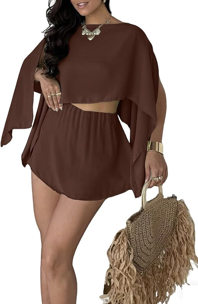 Ophestin Womens Summer 2 Piece Outfits Multi-Ways Off Shoulder Batwing Sleeve Top and Skirts Set | Amazon (US)