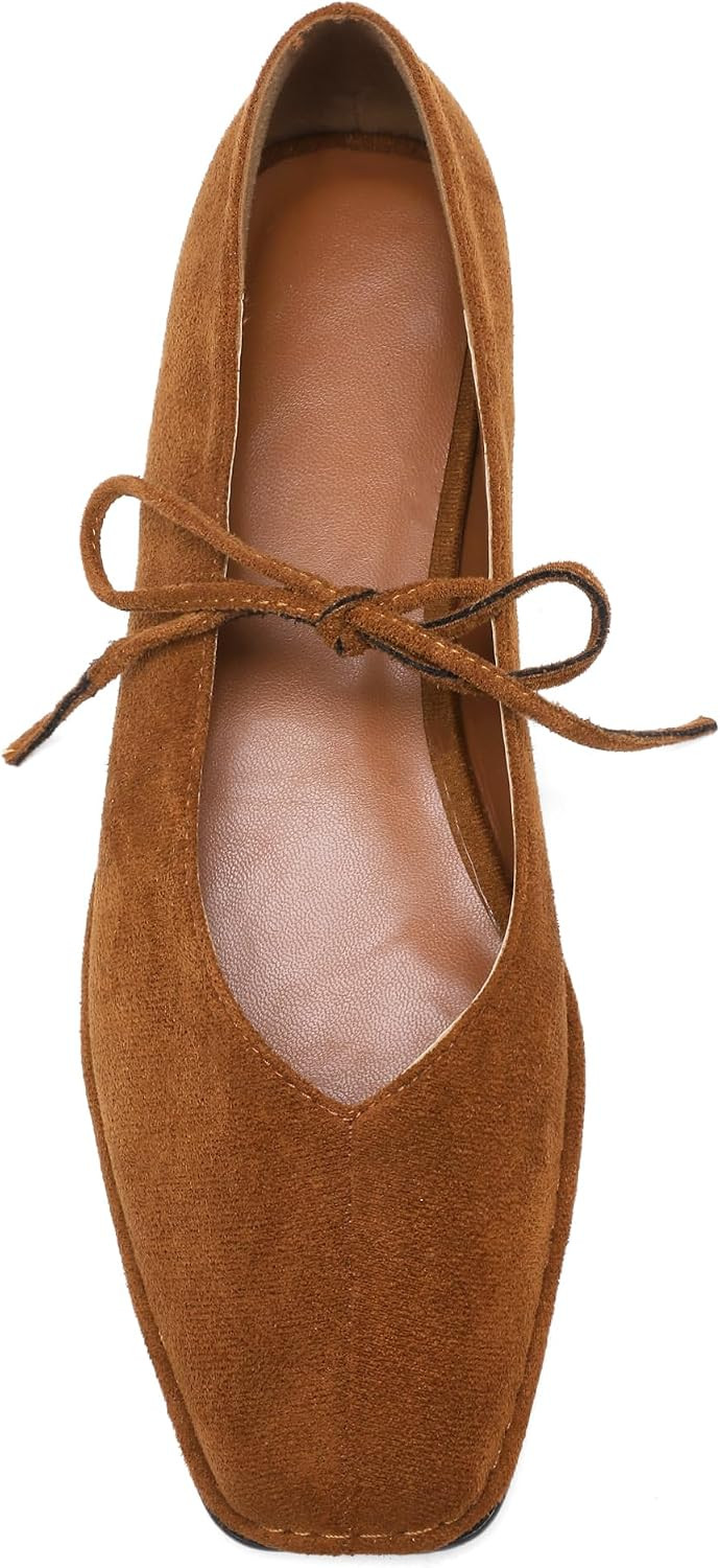 Lace Up Square Toe Ballet Flats for Women Cute Bow Slip On Mary Jane Flats | Amazon (US)