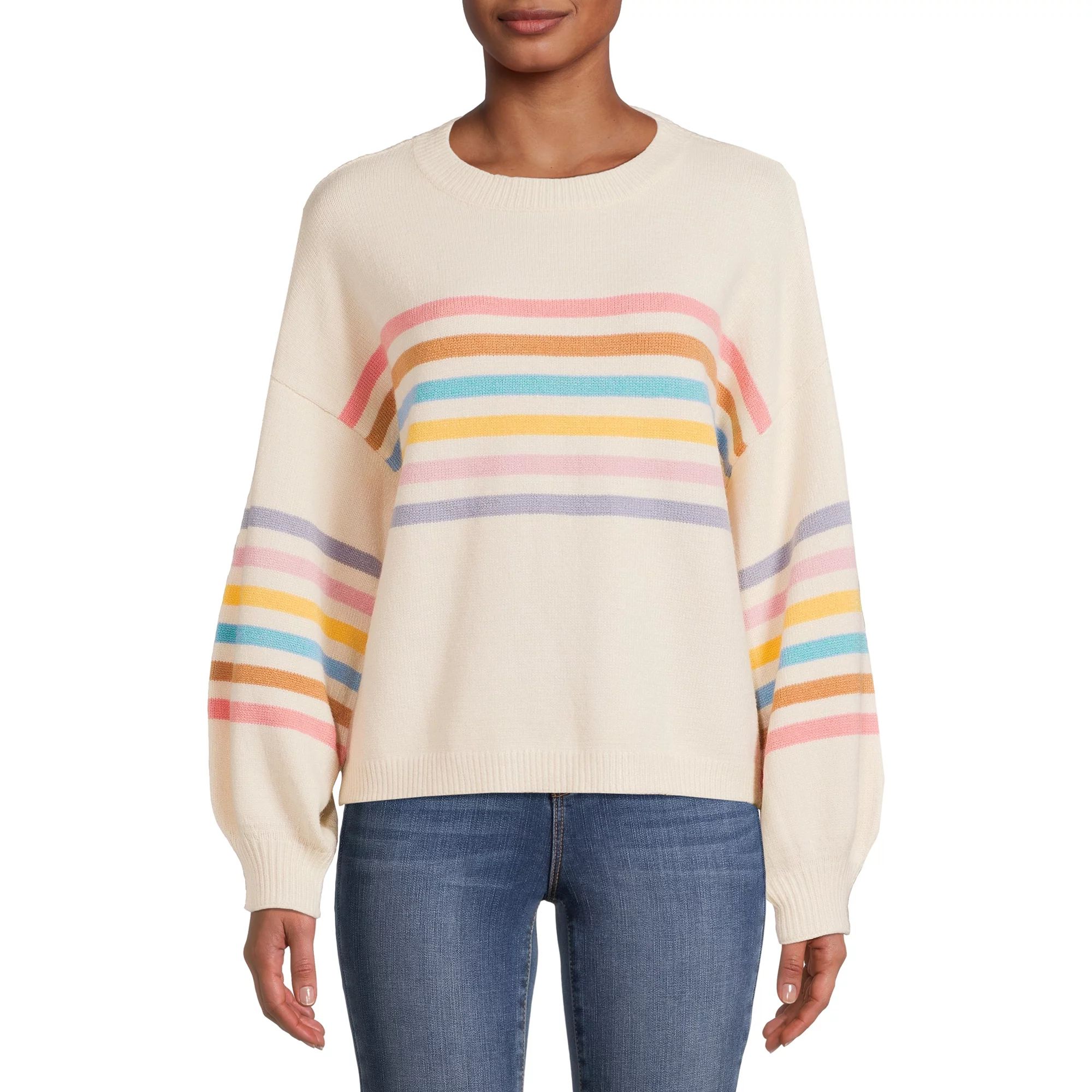 Debut Women's Rainbow Striped Sweater with Puff Sleeves | Walmart (US)