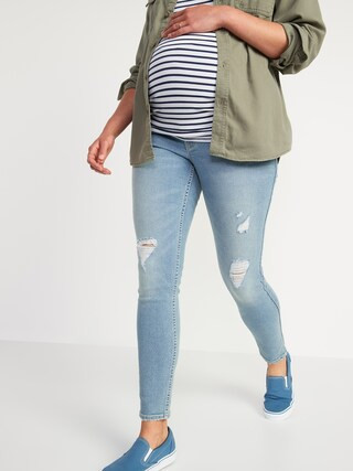 Maternity Rollover-Waist Rockstar 360° Stretch Super Skinny Ripped Jeans | Old Navy (US)