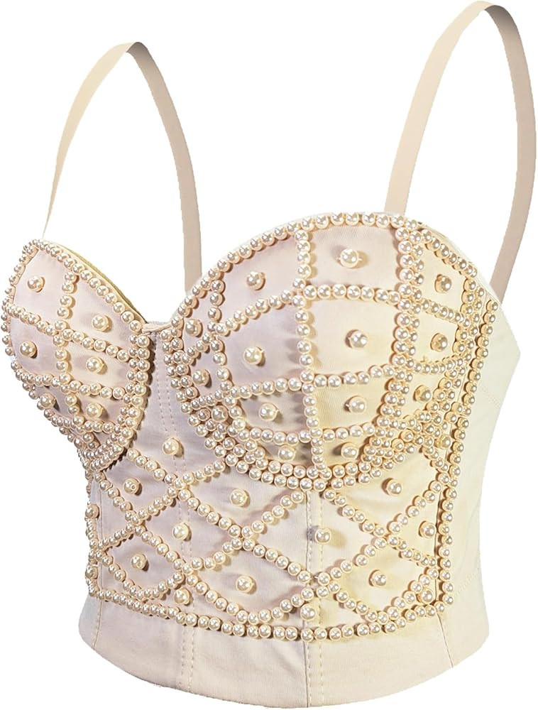 VEENDEO Women's Strap Beads Bustier Corset Crop Top Club Party Bra | Amazon (US)