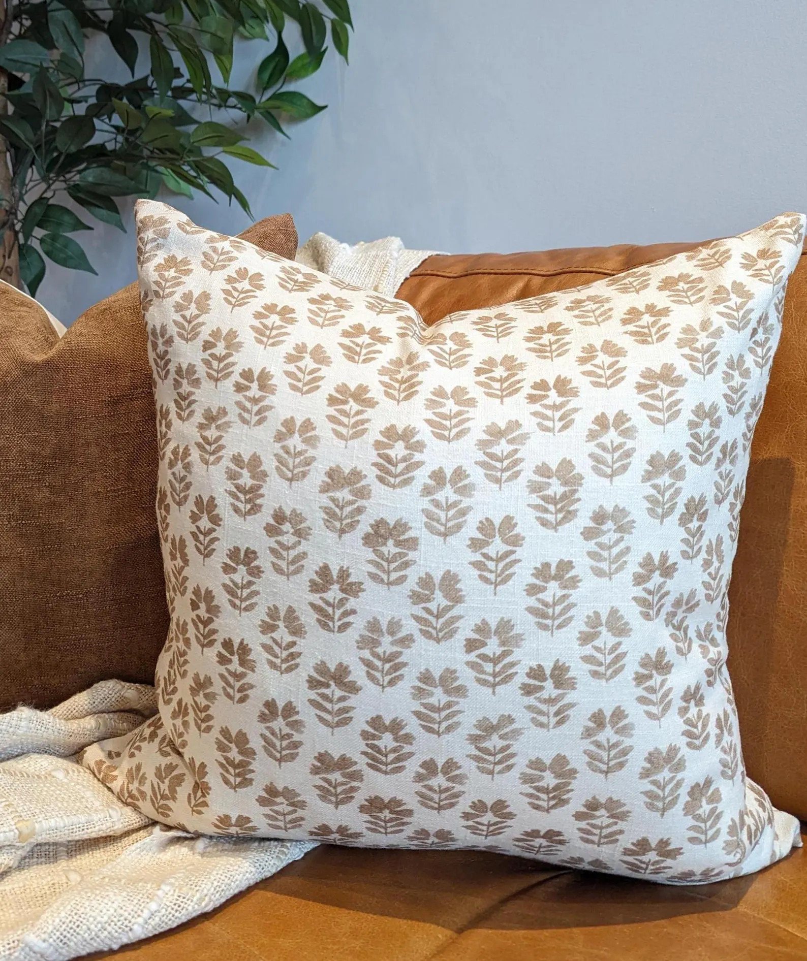 Ivory and Hazelnut Brown Floral Cushion - Country Home Decor | Etsy (US)