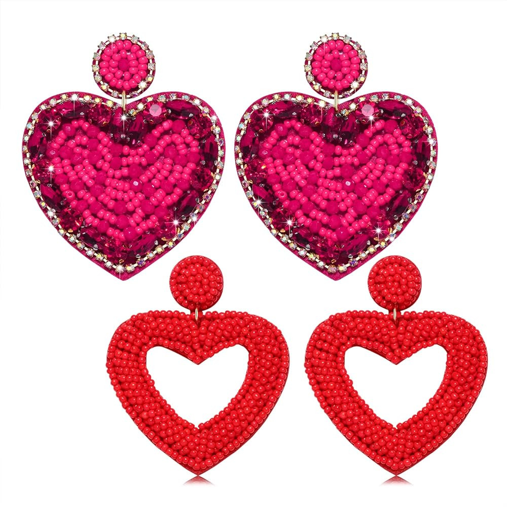 Vogueknock 2 Pairs Heart Earrings Beaded Heart Valentines Day Earrings for Women Handmade Stateme... | Amazon (US)