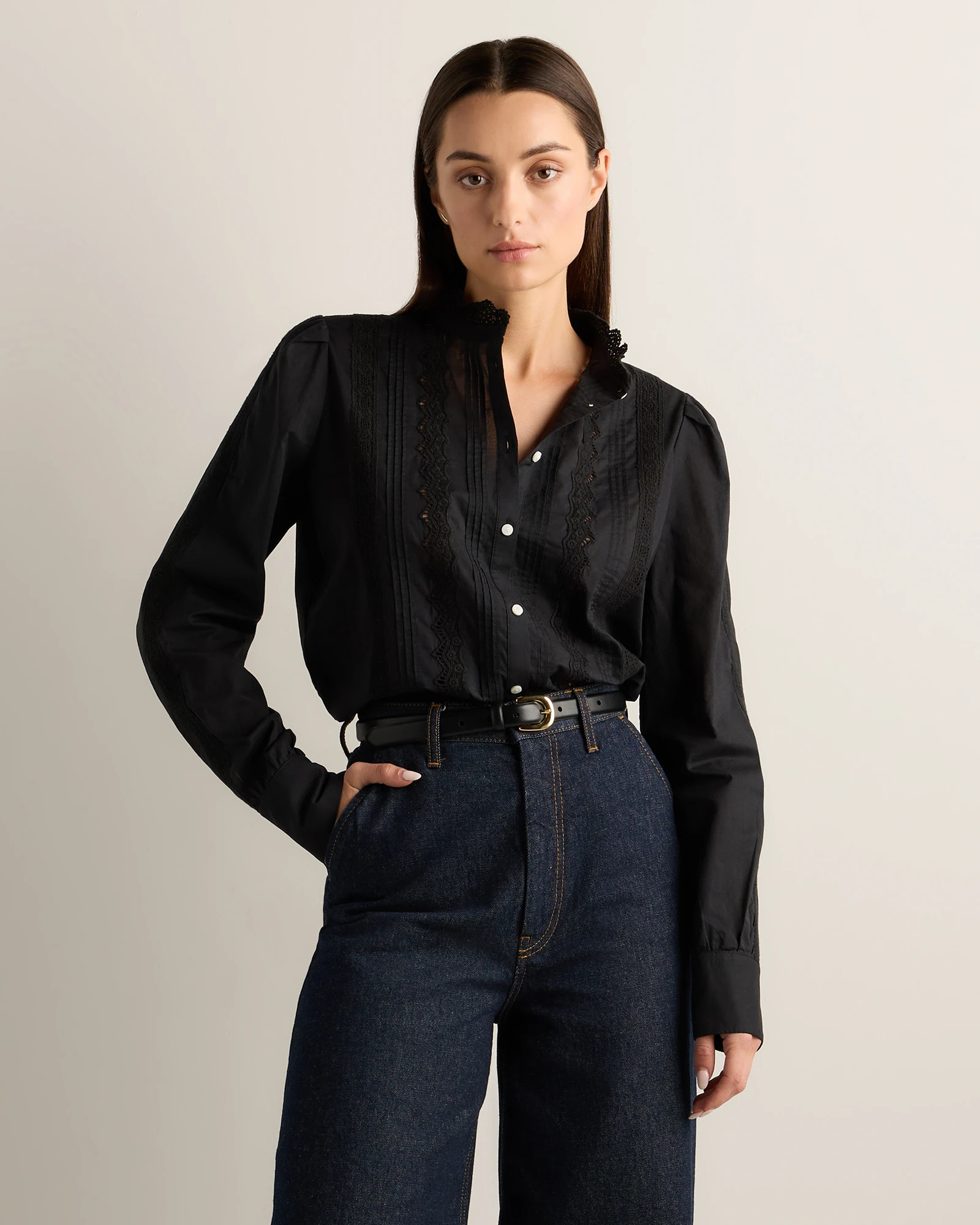 Quince | Women's Voile Lace Detail Blouse in Classic White, Size Medium, Organic Cotton | Quince