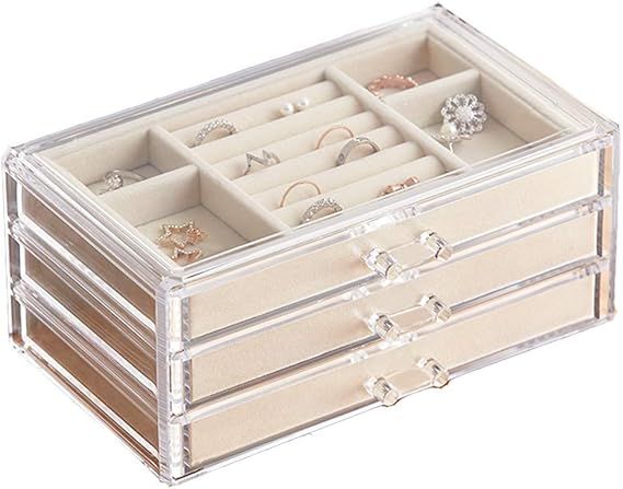 HerFav Acrylic Jewelry Organizer Box with 3 Drawers, Clear Jewelry Boxes for Women Earring Rings ... | Amazon (US)