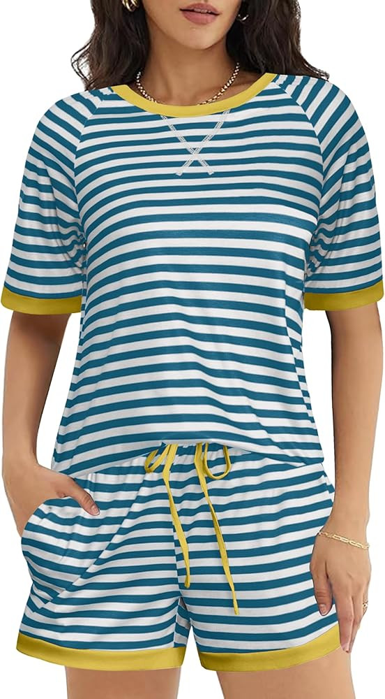 Ekouaer Pajamas for Women Short Sleeve Pjs Sets Crewneck Striped Tops and Shorts 2 Piece Lounge S... | Amazon (US)