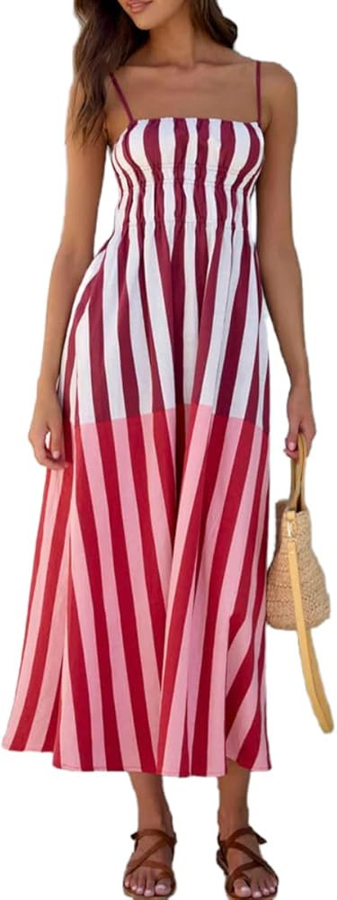 Ypser Women's Striped Maxi Dress Spaghetti Strap Summer Beach Sundress Casual Sleeveless Flowy Lo... | Amazon (US)