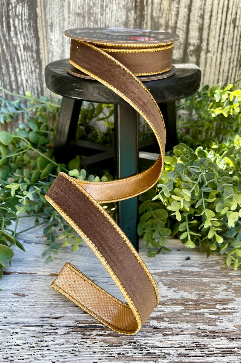 Ribbon, Narrow Ribbon, 1" Ribbon, Christmas Ribbon, Wired Ribbon, Wreath Supplies, Brown Velvet R... | Etsy (Global)