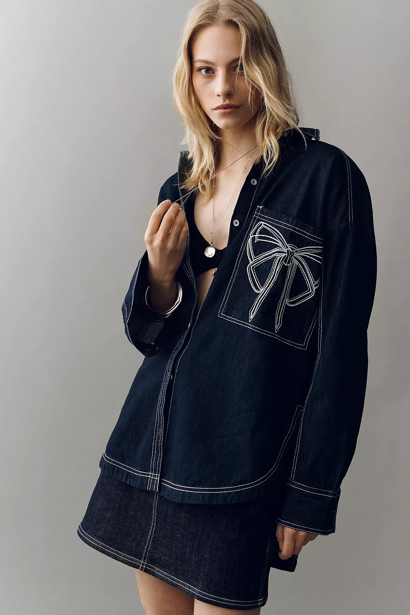 Pilcro Denim Long-Sleeve Embroidered Bow Buttondown Shirt | Anthropologie (US)