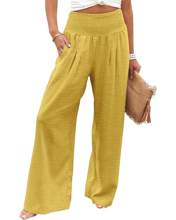 Angerella Womens Elastic High Waisted Palazzo Pants Casual Wide Leg Long Lounge Pant Trousers wit... | Amazon (US)