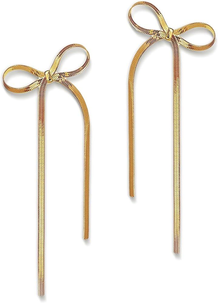 JeanBeau Long Chain Bow Dangle Drop Tassel Earrings for Women Girls Statement Ribbon Fringe Water... | Amazon (US)