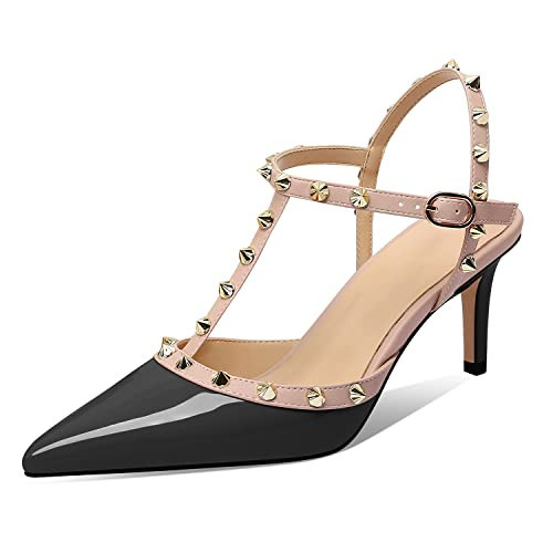XINIUNIU Studded Kitten Heels for Women Black Stiletto Sandals with Buckle Strap Rivet Patent Leather Pointy Toe 2.5 Inch Studs Party Daily Wear Evening Sandals Size 8.5 | Amazon (US)
