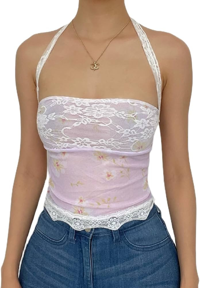 Women Y2k Square Neck Lace Camis Elegant Lace Frill Crop Tank Top 2000s Sleeveless Camisole Spaghett | Amazon (US)