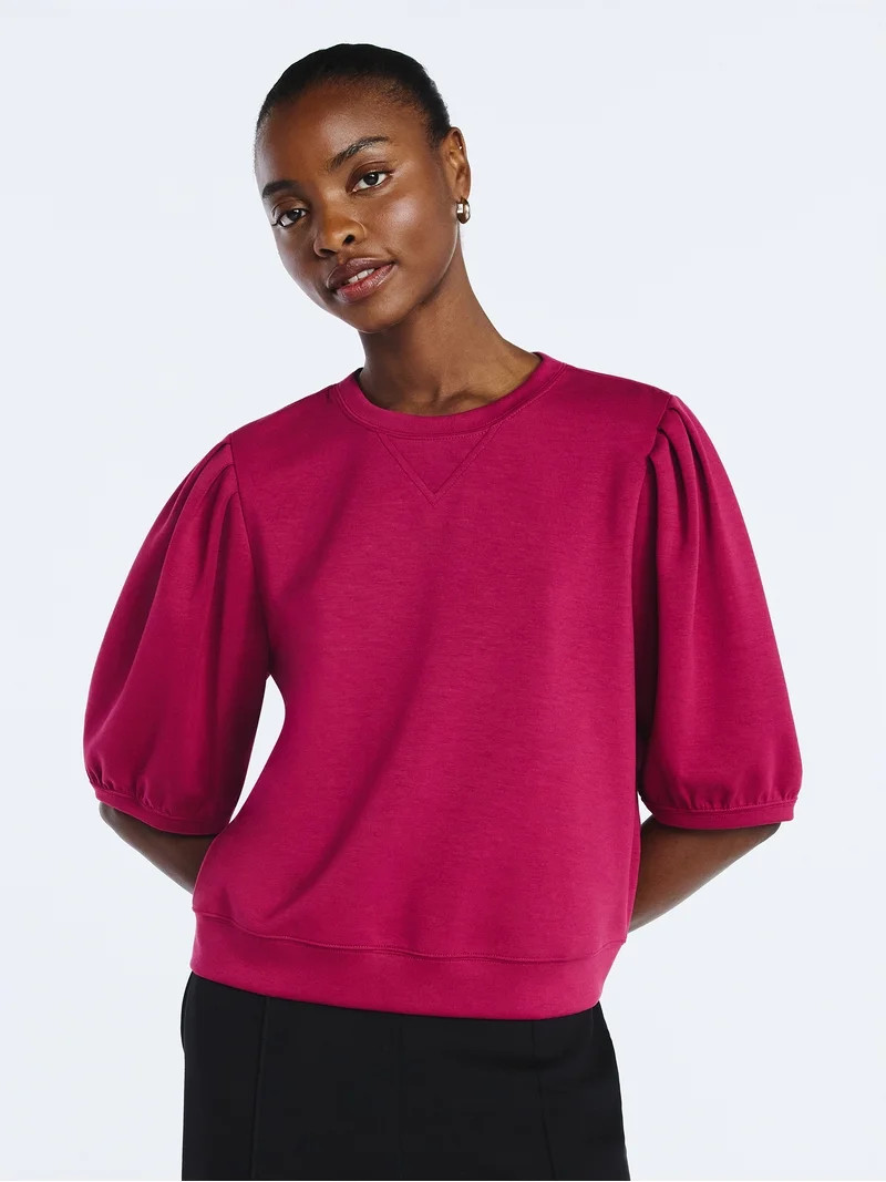 Scoop Women's and Women's Plus New Scubaknit Pleated Sleeve Top, Sizes XS-4X | Walmart (US)