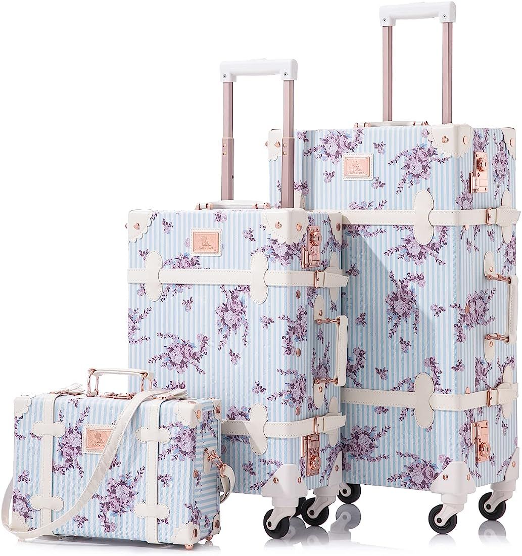 Unitravel 3 Piece Vintage Suitcase Set Women Spinner Luggage with TSA Lock (Floral Blue, 26in 20in 1 | Amazon (US)