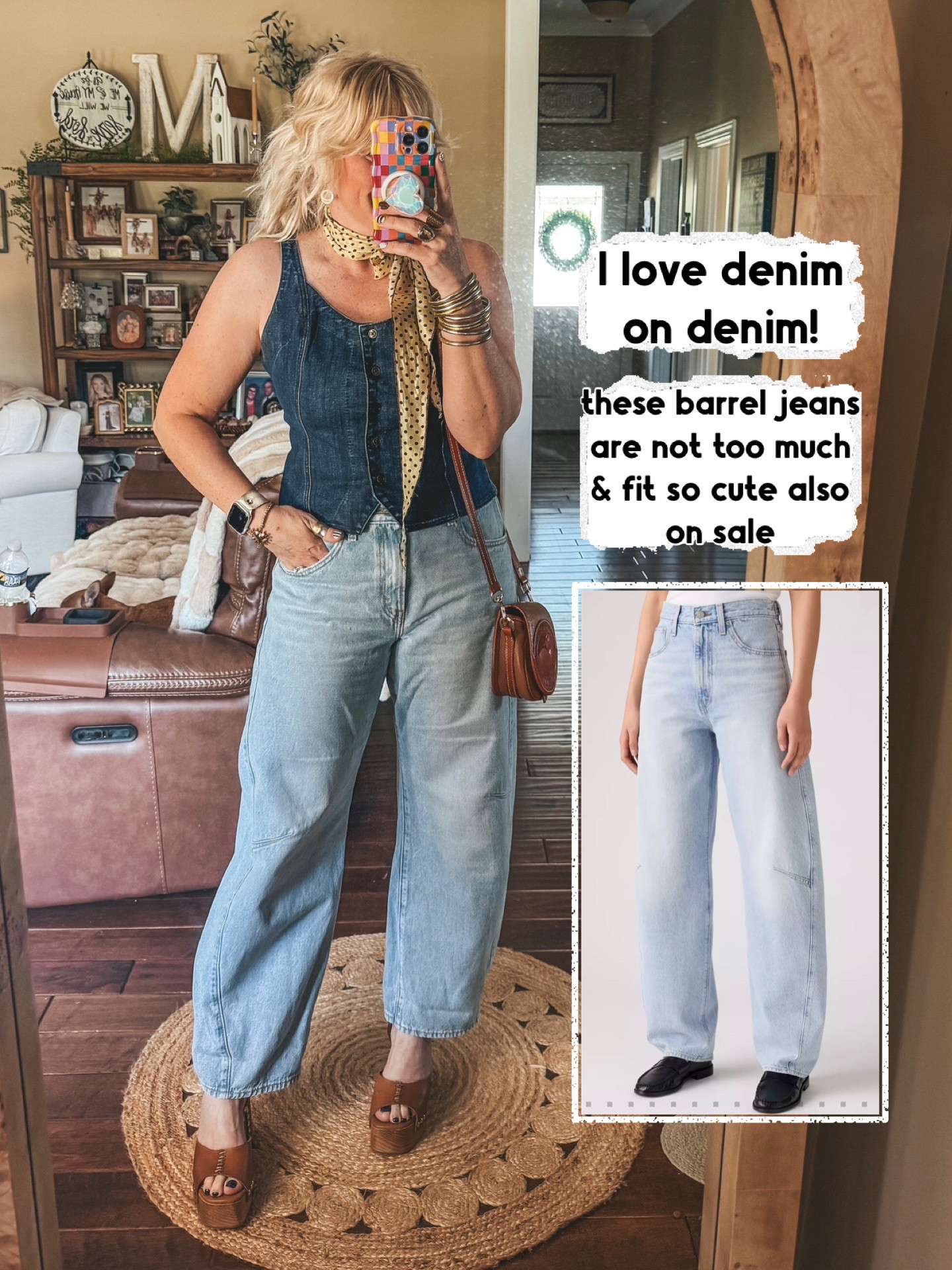 Denim on denim and I love these Levi’s  barrel jeans. 
I size up one in Levi’s usually and I did in these. I’m in a medium in the top.

#LTKgrwm #LTKootd #LTKOver40