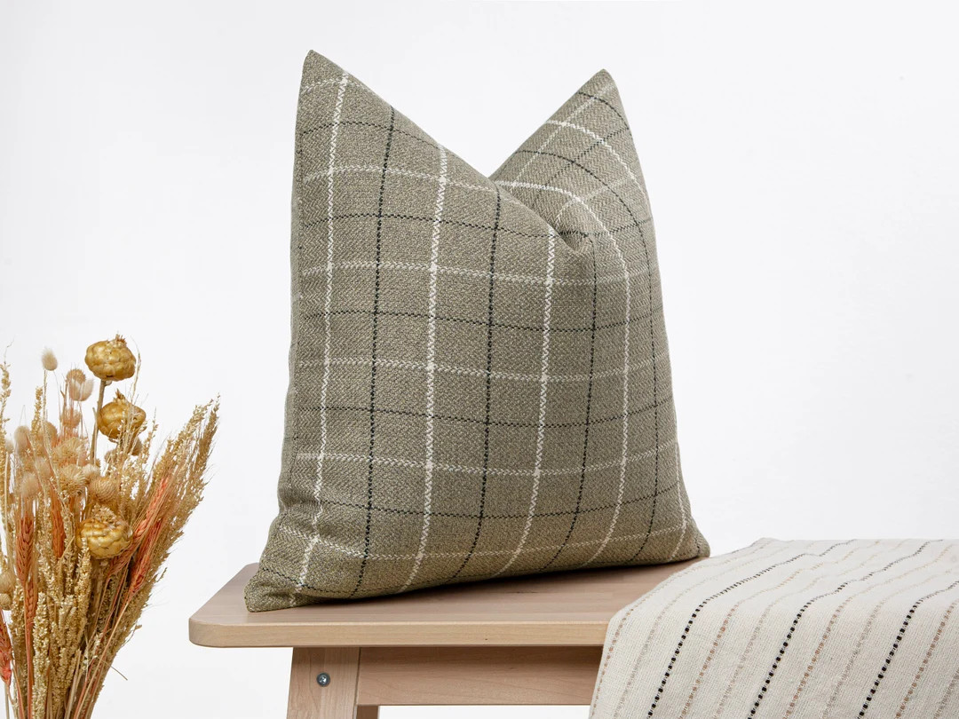Taupe Beige Plaid Pillow Cover Boho Farmhouse Pillow Cover Window Pen Design Upholstery Fabric Pl... | Etsy (US)