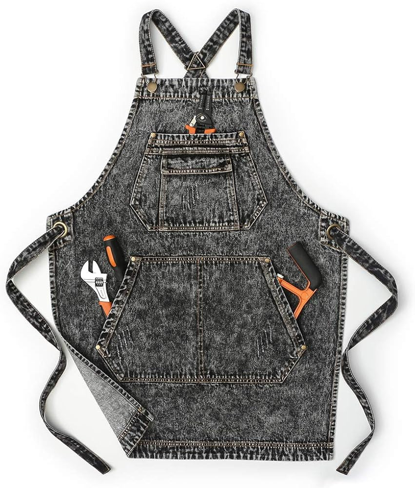 Jeanerlor - Cotton Denim Artist Work Apron with Pockets Cross Straps & Adjustable | Amazon (US)