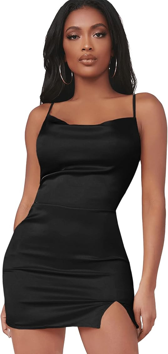 Verdusa Women's Split Hem Cowl Neck Spaghetti Strap Satin Cami Bodycon Dress | Amazon (US)