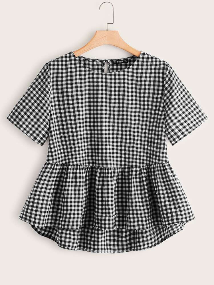 SHEIN Plus Dip Hem Gingham Peplum Top | SHEIN