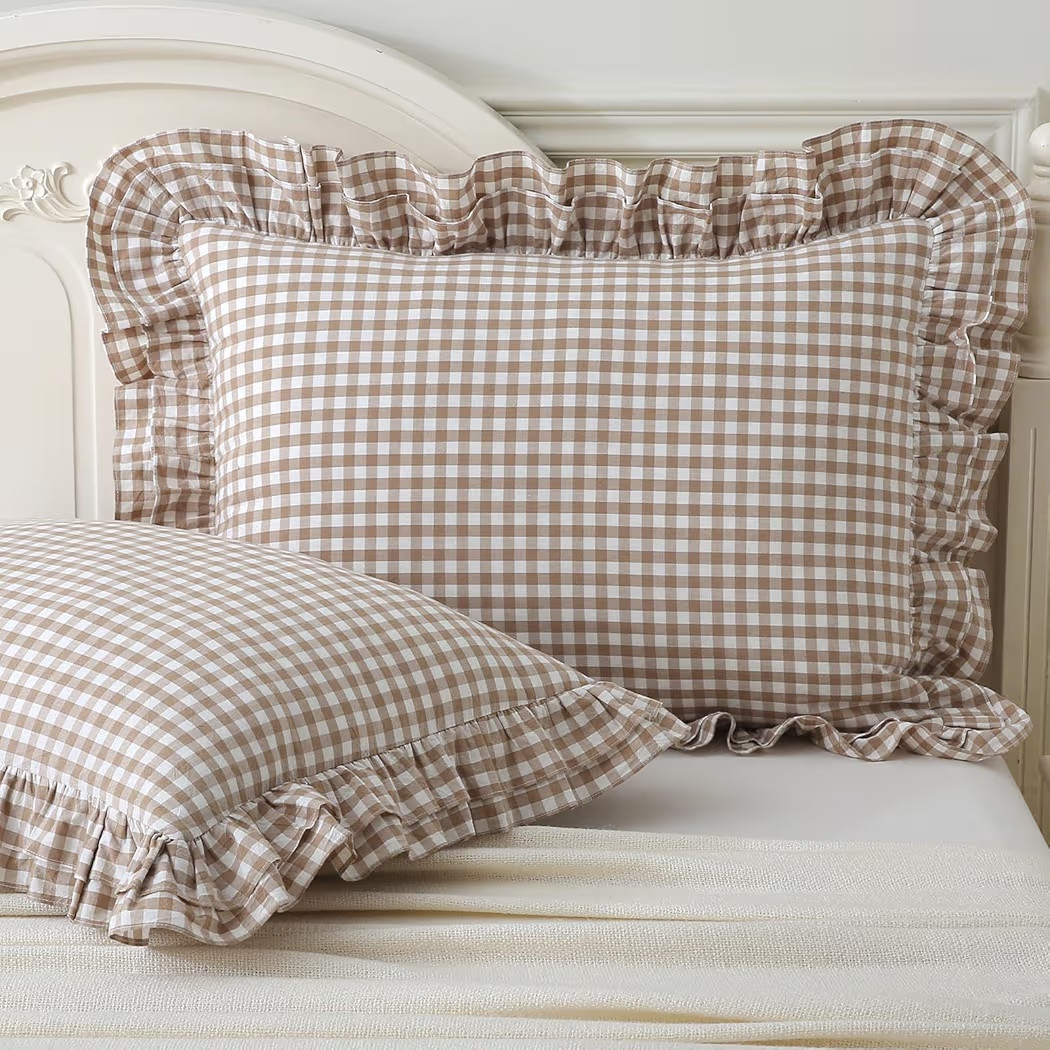 Aryeleay 2 Pack Taupe White Plaid Gingham Ruffle Pillow Shams Standard Size, 100% Washed Cotton C... | Amazon (US)