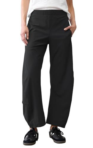EGOCKAL Womens Elastic Waist Ankle Pants Baggy Curved Tapered Leg Barrel Travel Pants with Pockets Black | Amazon (US)