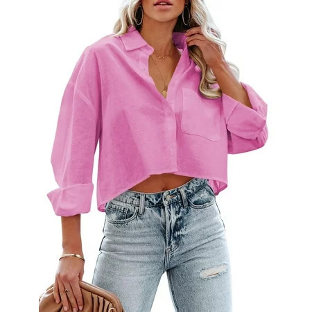 Fangetey Womens Button Down Cropped Shirts Long Sleeve Casual Crop Tops Solid Lapel Blouse Shirt with Chest Pocket | Walmart (US)
