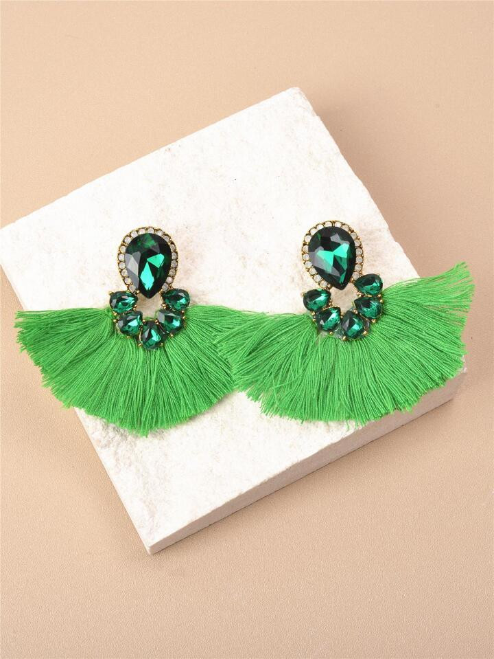 1pair Bohemian Zinc Alloy Rhinestone Decor Tassel Drop Earrings For Women For Holiday | SHEIN