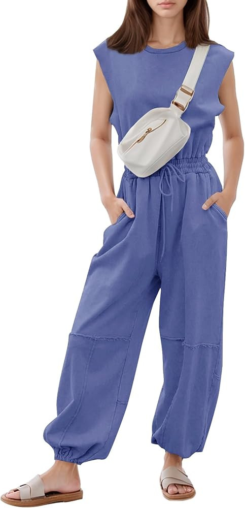 Flygo Womens Casual Jumpsuit Crewneck Cap Sleeve Long Wide Leg Pants One Piece Outfits Drawstring... | Amazon (US)