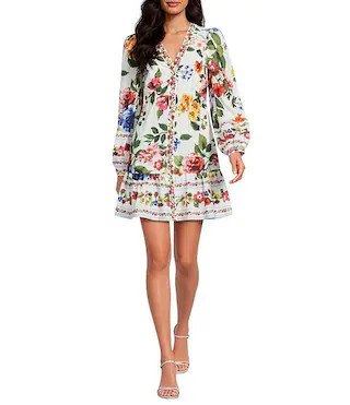 Petite Size Floral Border Printed V-Neck Long Sleeve A-Line Poplin Mini Dress | Dillard's