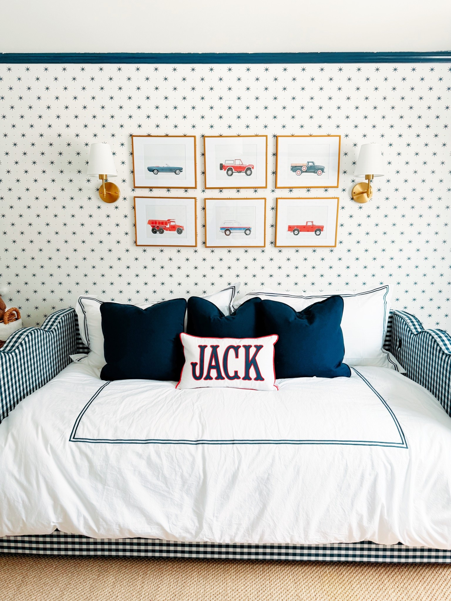Boys bedroom decor. Gingham daybed. Toddler daybed. Toddler big boy room. Toddler boy bedroom. Toddler boy room. Leslee Mitchell arwork 

#LTKHome #LTKBaby #LTKKids