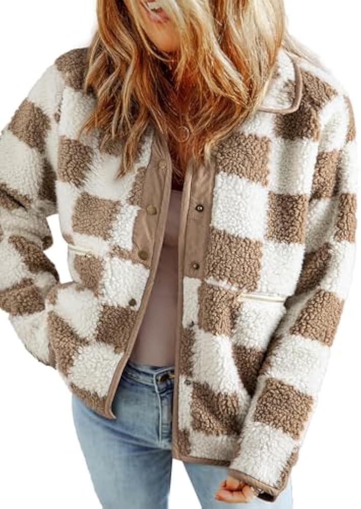 SHEWIN Jackets For Women Causal Sherpa Fall Jacket Loose Button Down Plaid Winter Coats | Amazon (US)