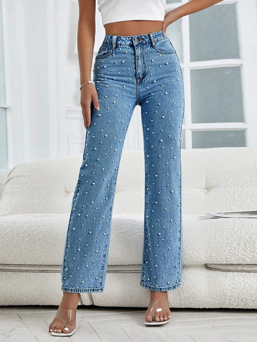 Elegant Faux Pearl Straight-Leg Jeans, Women High-Waisted Denim Pants, Fashionable Autumn/Winter ... | SHEIN
