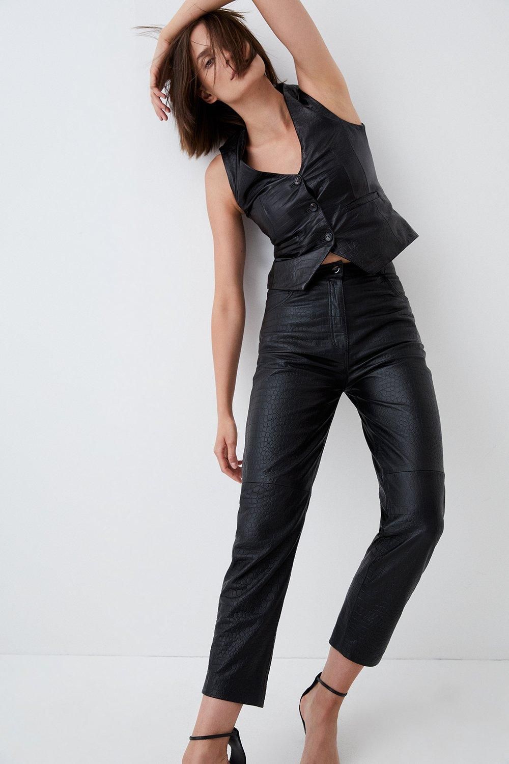 Leather Croc Texture Slim Leg Trouser | Karen Millen UK & IE