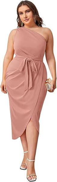 MakeMeChic Women's Plus Size One Shoulder Belted Wrap High Waist Midi Dress | Amazon (US)