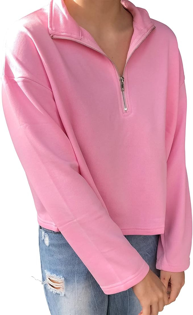Womens Oversized Half Zip Lapel Sweatshirt Solid Color Casual Long Sleeve Cropped Pullover Top | Amazon (US)
