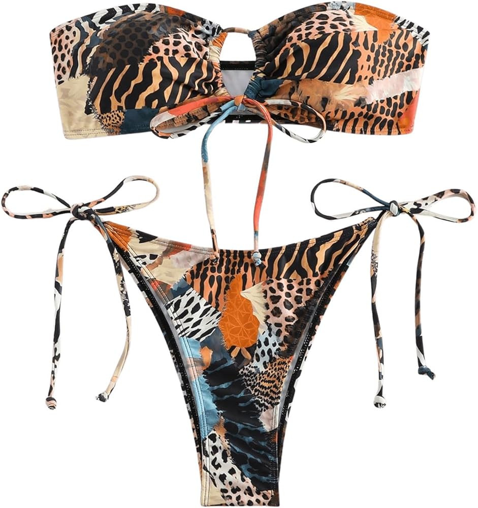 WDIRARA Women's 2 Piece Animal Print Bandeau Ruched Tie Front Swimsuit Cheeky Bikini Set | Amazon (US)