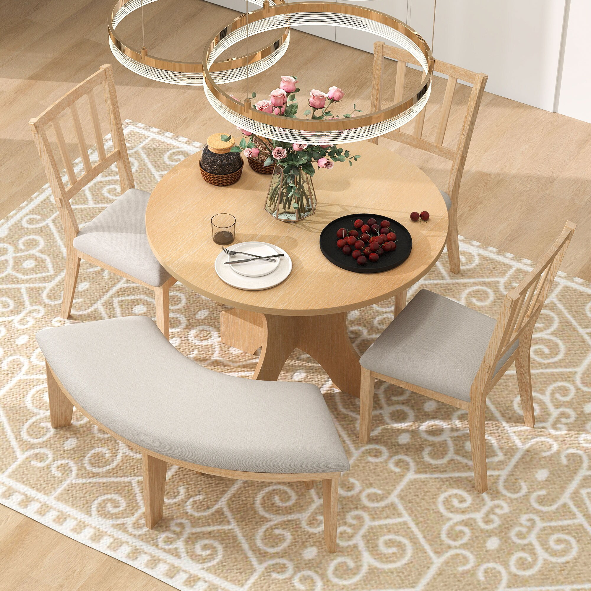 ModernLuxe Assembly Required 5-piece Rustic Charm Round Dining Set with 3 Upholstered Chairs and Curved Bench for Dining Room Kitchen and Living Room | Lowe's